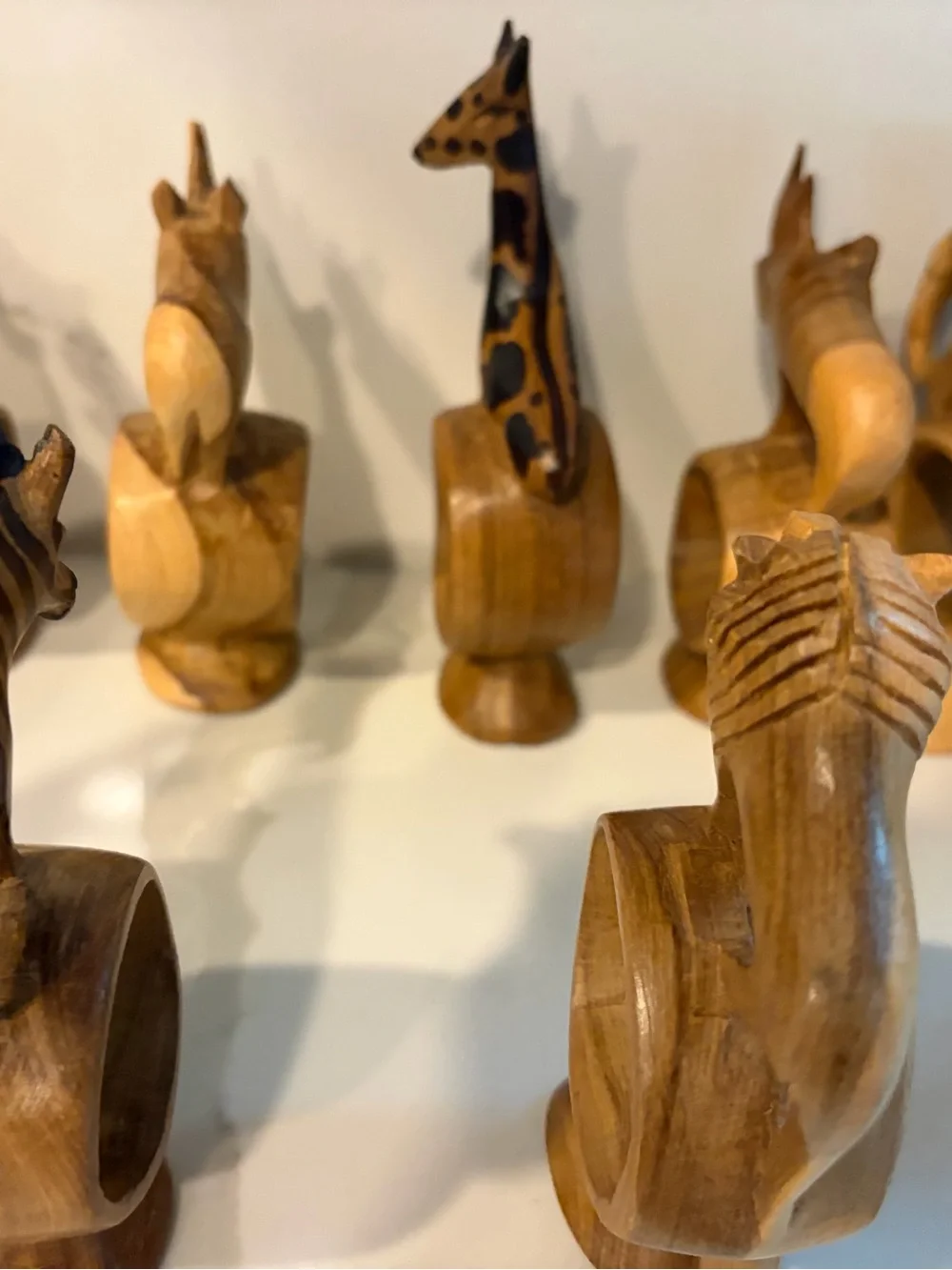 1970s Vintage Hand Carved Wooden Safari Animal Napkin Rings Set of 12